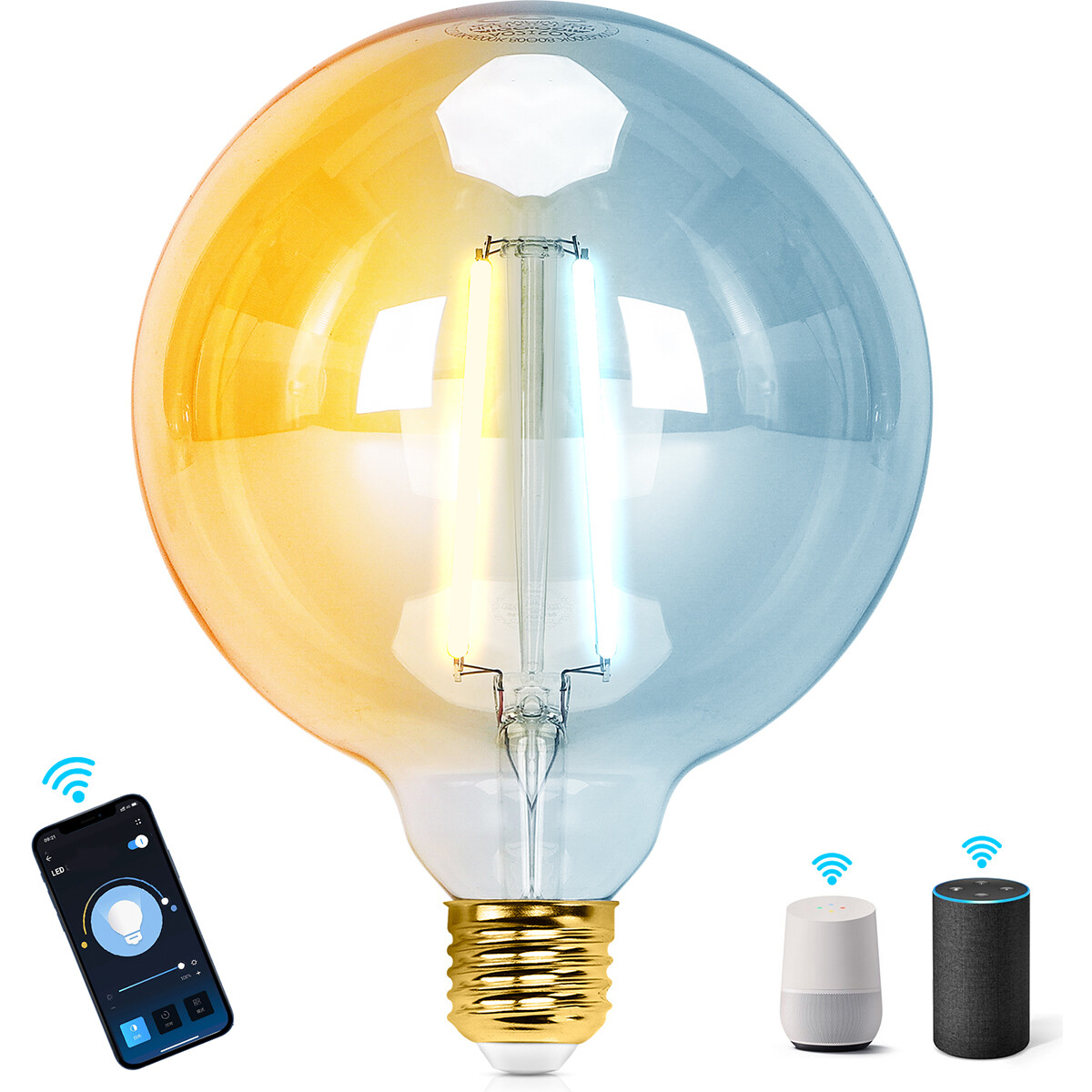 Lampe LED - LED Intelligente - Aigi Rixona - Bulb G125 - 6W - Douille E27 - LED Wifi + Bluetooth - Couleur de lumière ajustable - Ambre - Verre