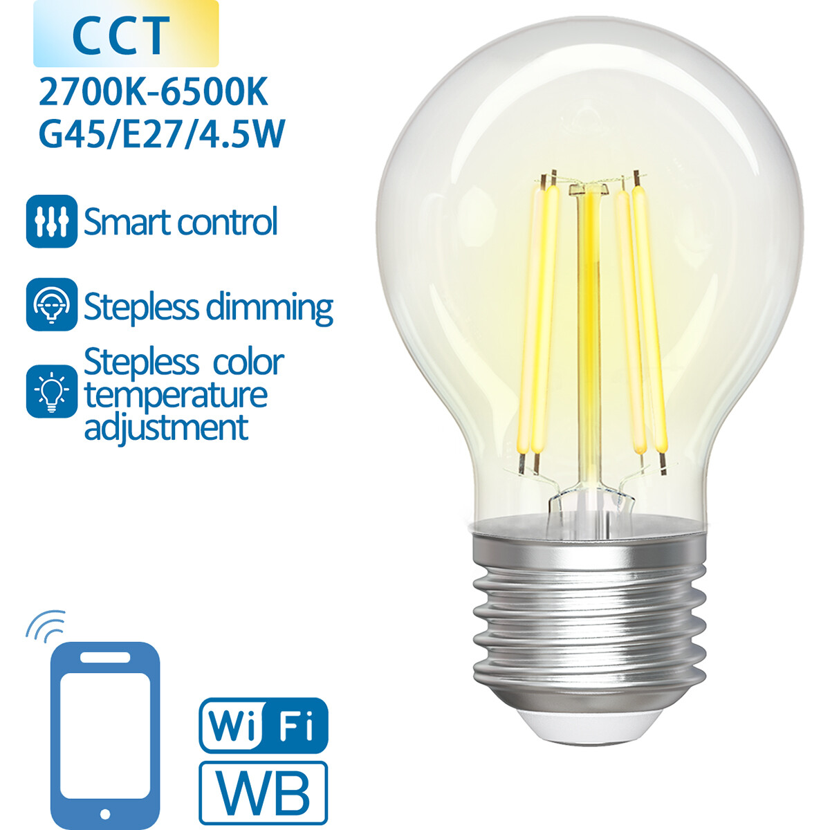 Lampe LED - LED Intelligente - Aigi Rixona - Bulb G45 - 4.5W - Douille E27 - LED Wifi + Bluetooth - Couleur de lumière ajustable - Transparent Clair - Verre