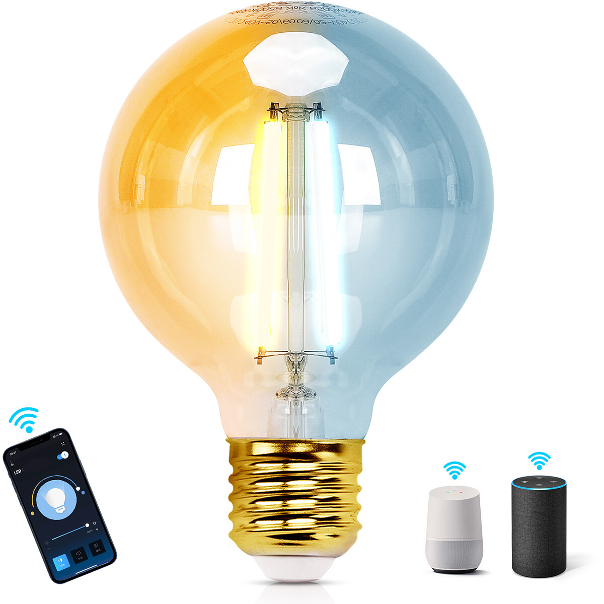 Lampe LED - LED Intelligente - Aigi Rixona - Bulb G80 - 6W - Douille E27 - LED Wifi + Bluetooth - Couleur de lumière ajustable - Ambre - Verre