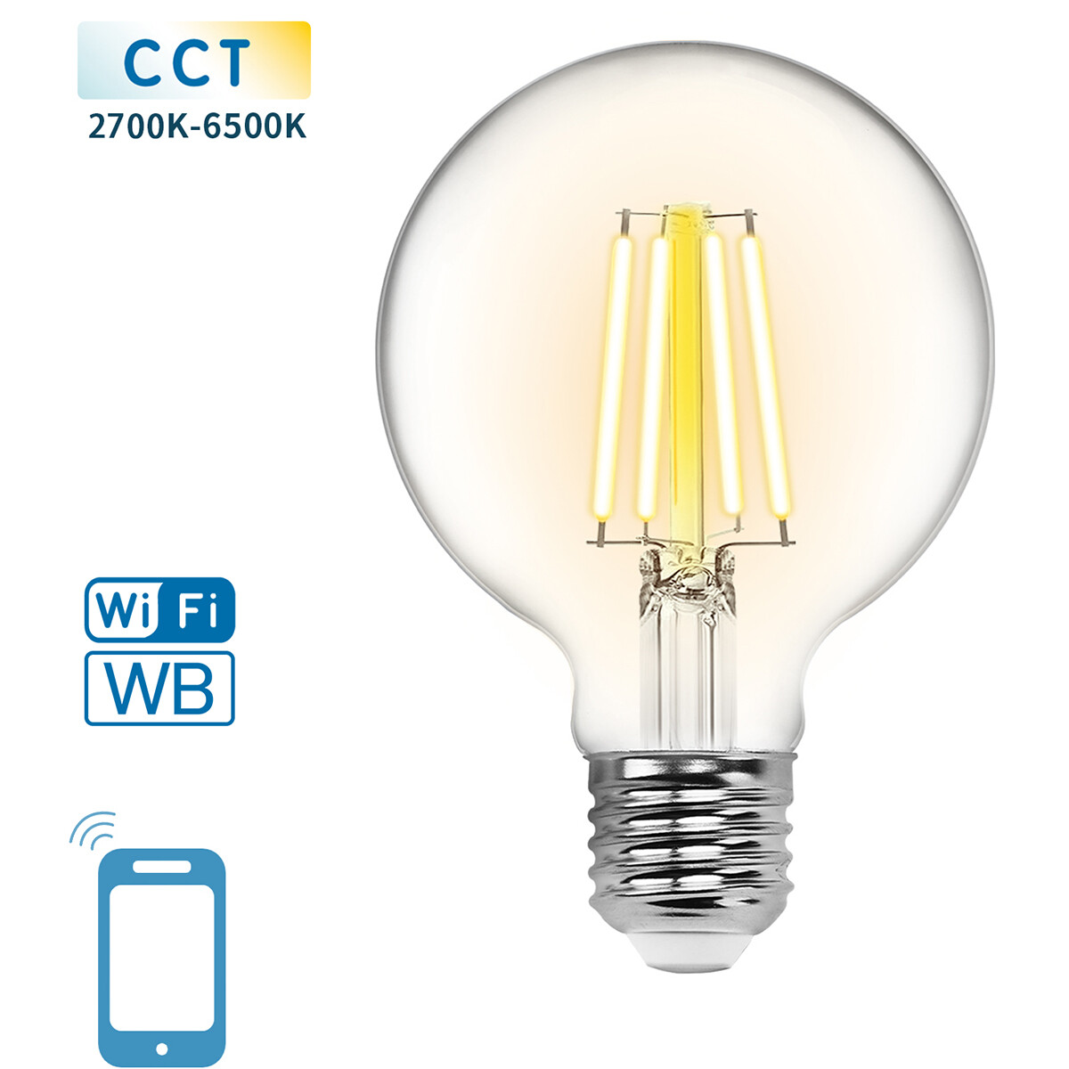 Lampe LED - LED Intelligente - Aigi Rixona - Bulb G80 - 6W - Douille E27 - LED Wifi + Bluetooth - Couleur de lumière ajustable - Transparent Clair - Verre