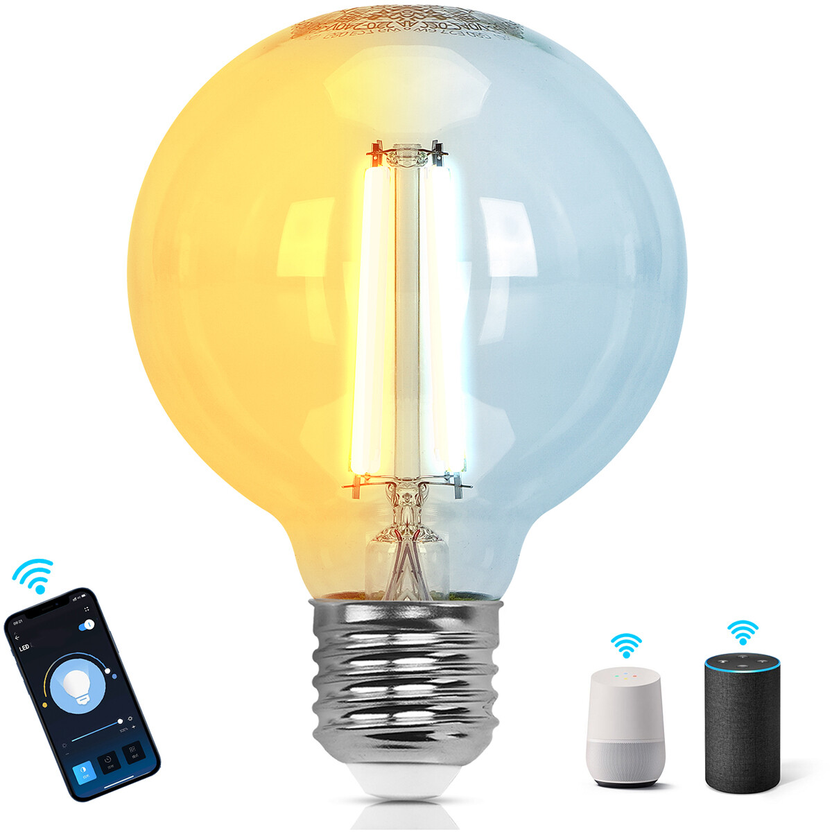 Lampe LED - LED Intelligente - Aigi Rixona - Bulb G80 - 6W - Douille E27 - LED Wifi + Bluetooth - Couleur de lumière ajustable - Transparent Clair - Verre