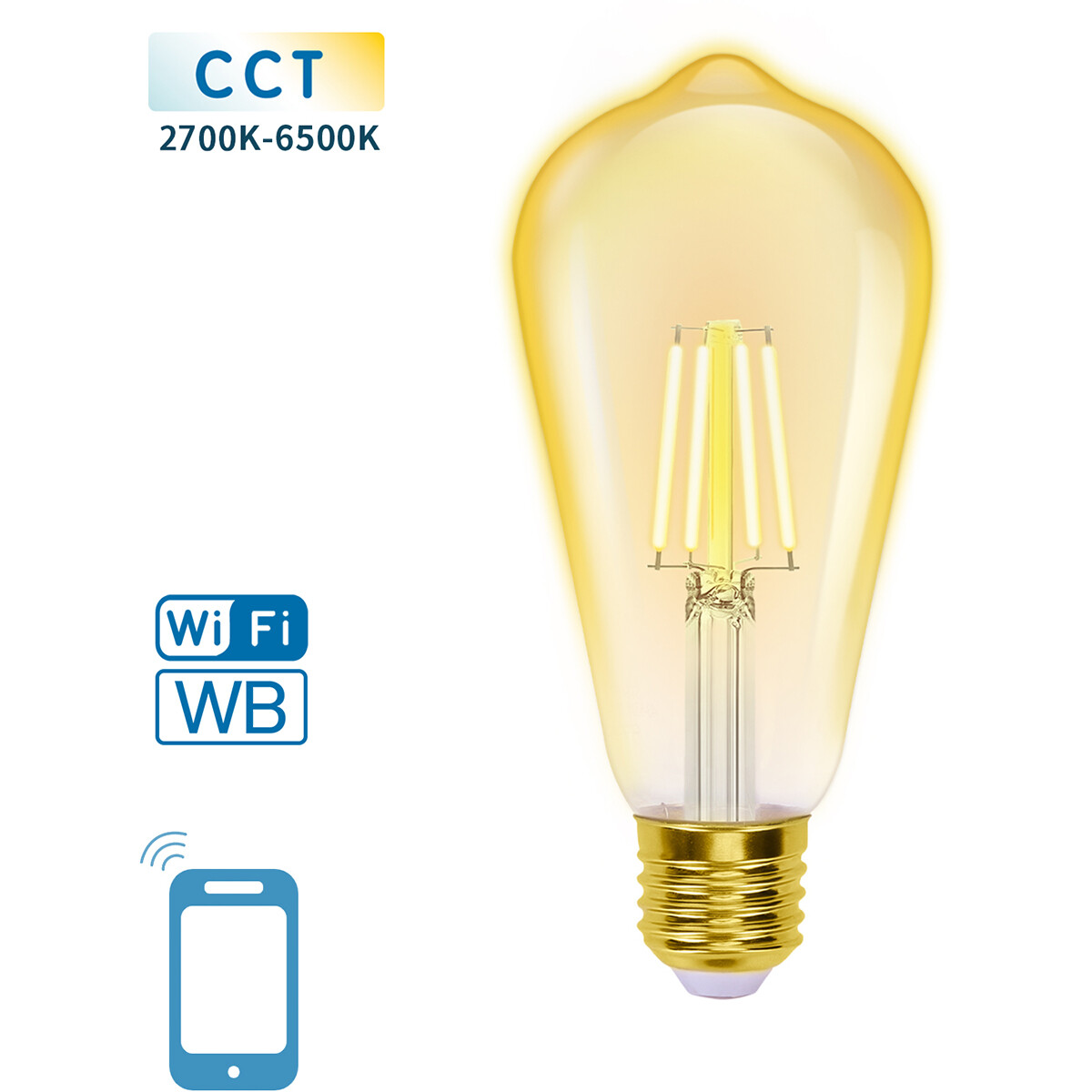 Lampe LED - LED Intelligente - Aigi Rixona - Bulb ST64 - 6W - Douille E27 - LED Wifi + Bluetooth - Couleur de lumière ajustable - Ambre - Verre