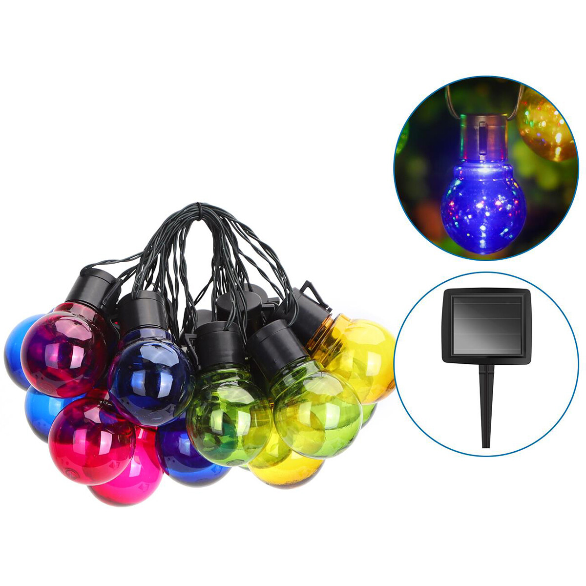 Guirlande lumineuse solaire LED - Capteur Jour/Nuit - Aigi Ligo - 20W - 5.8 Mètres - 20 LED's Multicolores - Étanche IP44 - Noir