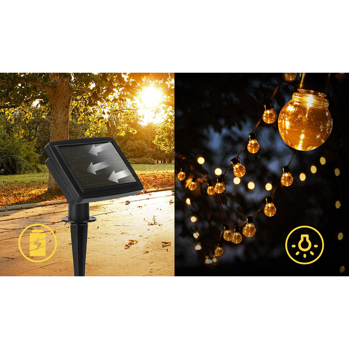 Guirlande lumineuse solaire LED - Capteur Jour/Nuit - Aigi Ligo - 20W - Blanc Chaud 3000K - 5.8 Mètres - 20 LED's Transparents - Étanche IP44 - Noir