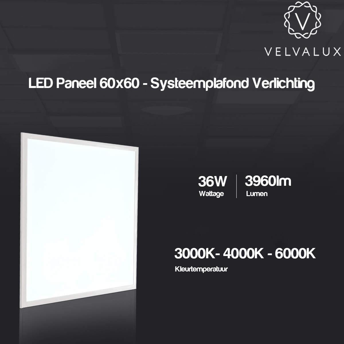 Panneau LED 60x60 - Velvalux Lumis - Panneau LED pour Plafond Suspendu - Blanc Chaud 3000K - 36W - Encastré - Carré - Blanc - Sans Scintillement