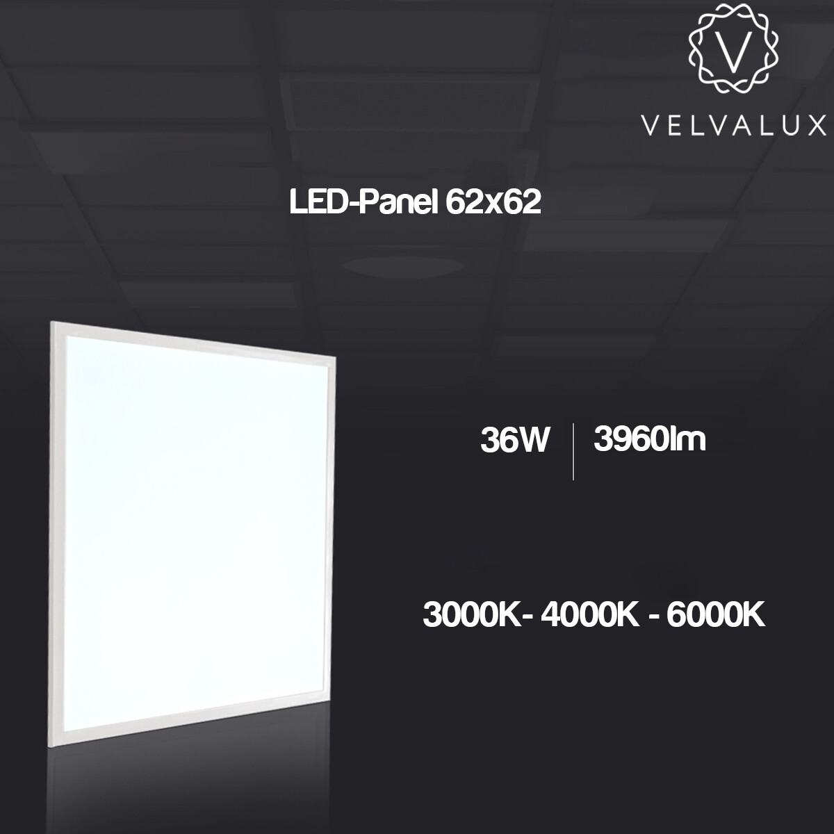 Panneau LED 62x62 - Velvalux Lumis - Panneau LED pour Plafond Suspendu - Blanc Neutre 4000K - 36W - Encastré - Carré - Blanc - Sans Scintillement