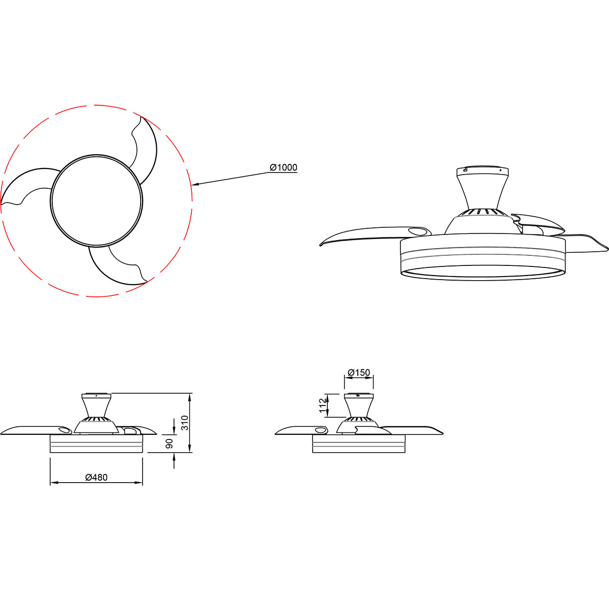 LED Plafonnier avec Ventilateur - Ventilateur de Plafond - Trion Berga - 35W - Couleur Ajustable - Télécommande - Gradable - Rond - Titane - Plastique