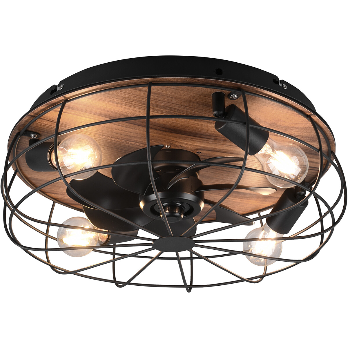 Plafonnier LED avec ventilateur - Ventilateur de Plafond - Trion Turbind - Douille E27 - Télécommande - Rond - Mat Noir/Brun - Aluminium