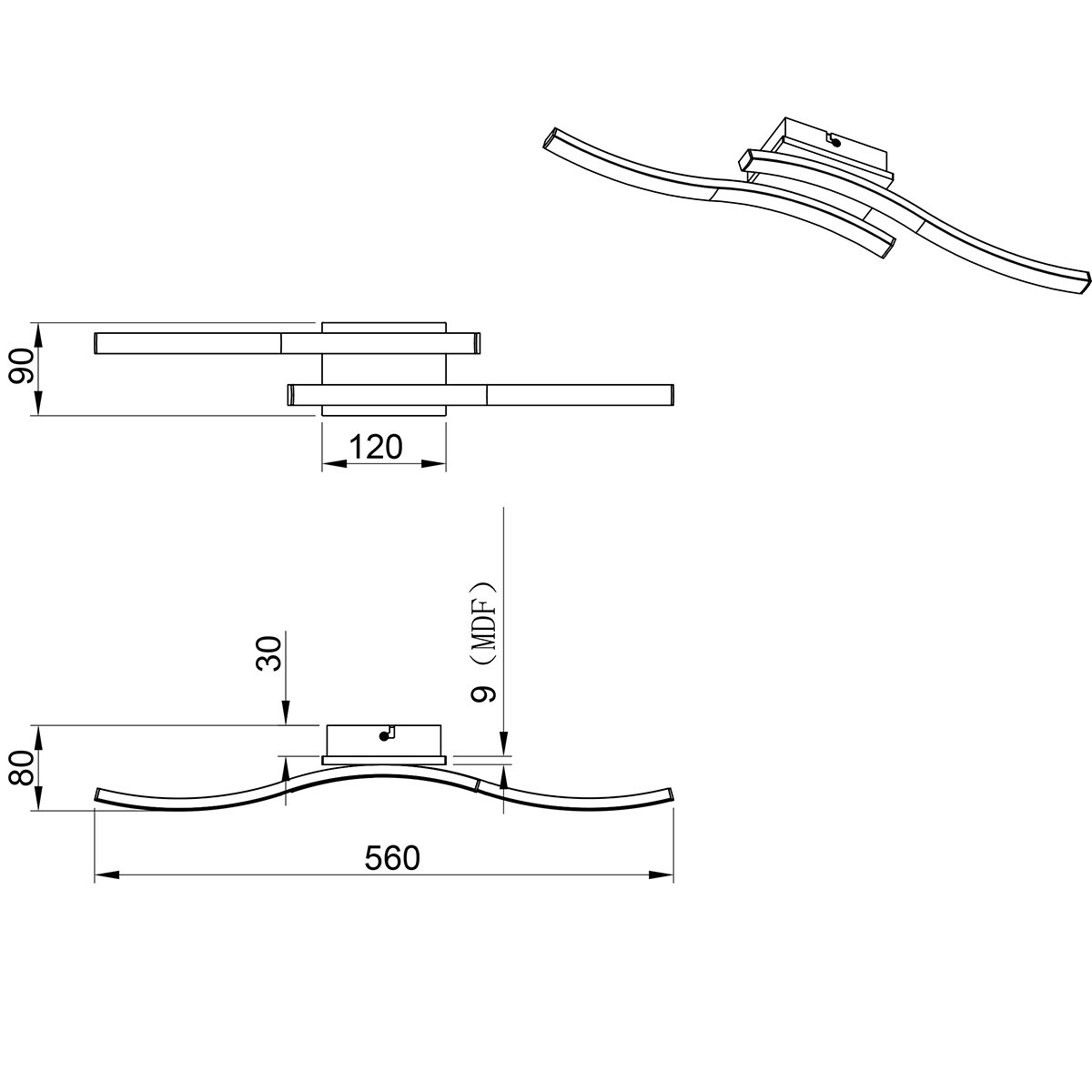 LED Plafonnier - Éclairage de Plafond - Trion Dalga - 2-lumières - 5W - 3000K - Blanc Chaud - Forme Courbée - Brun - MDF