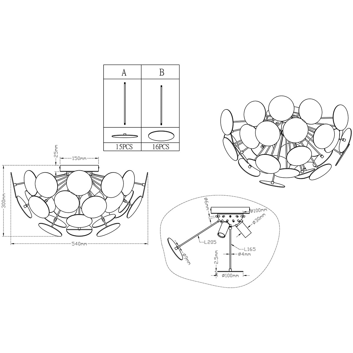 Plafonnier LED - Éclairage de Plafond - Trion Discon - Douille E14 - 3-lumières - Rond - Mat Noir Aluminium