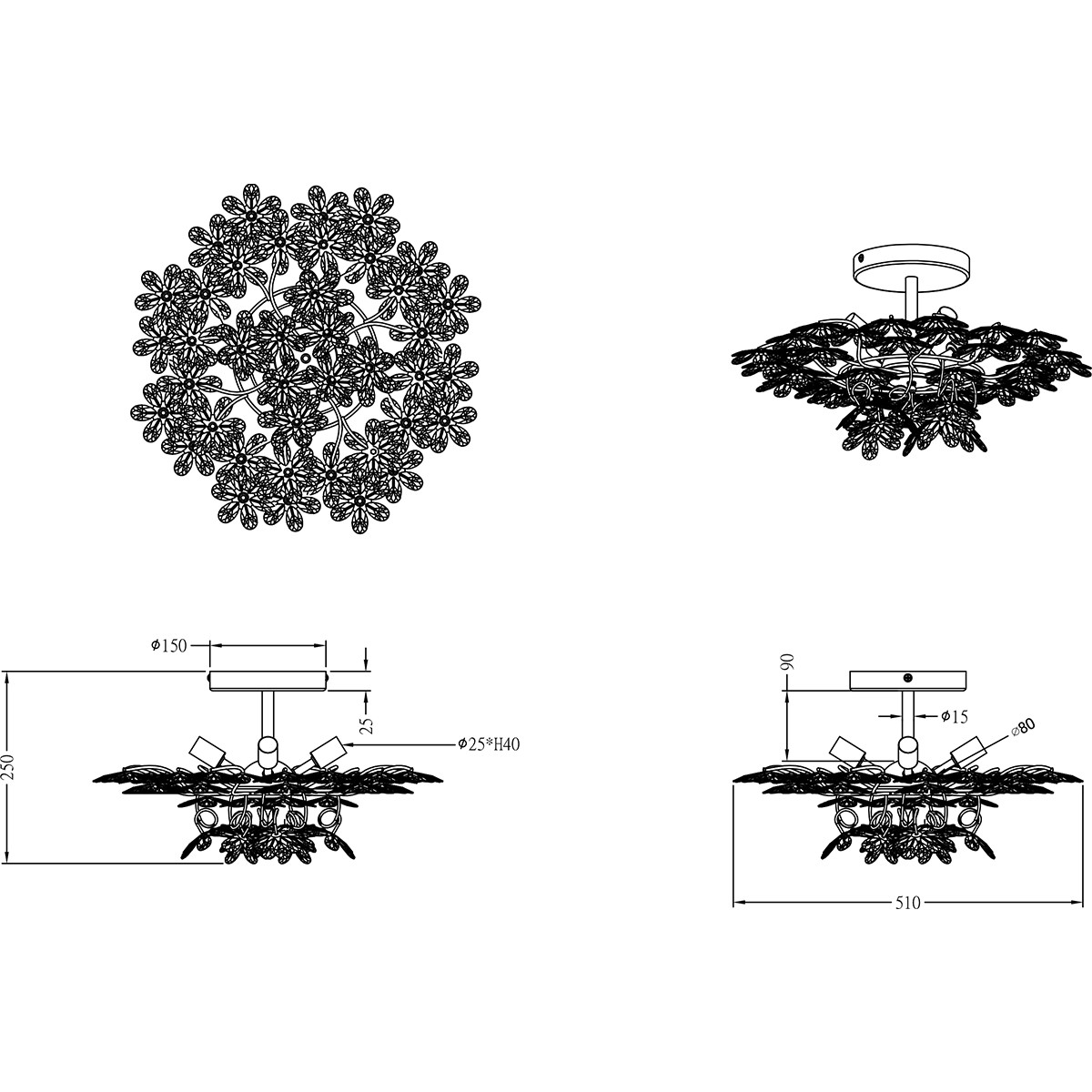 Plafonnier LED - Éclairage de Plafond - Trion Flowy - Douille E14 - 4-lumières - Rond - Aluminium Chrome Brillant