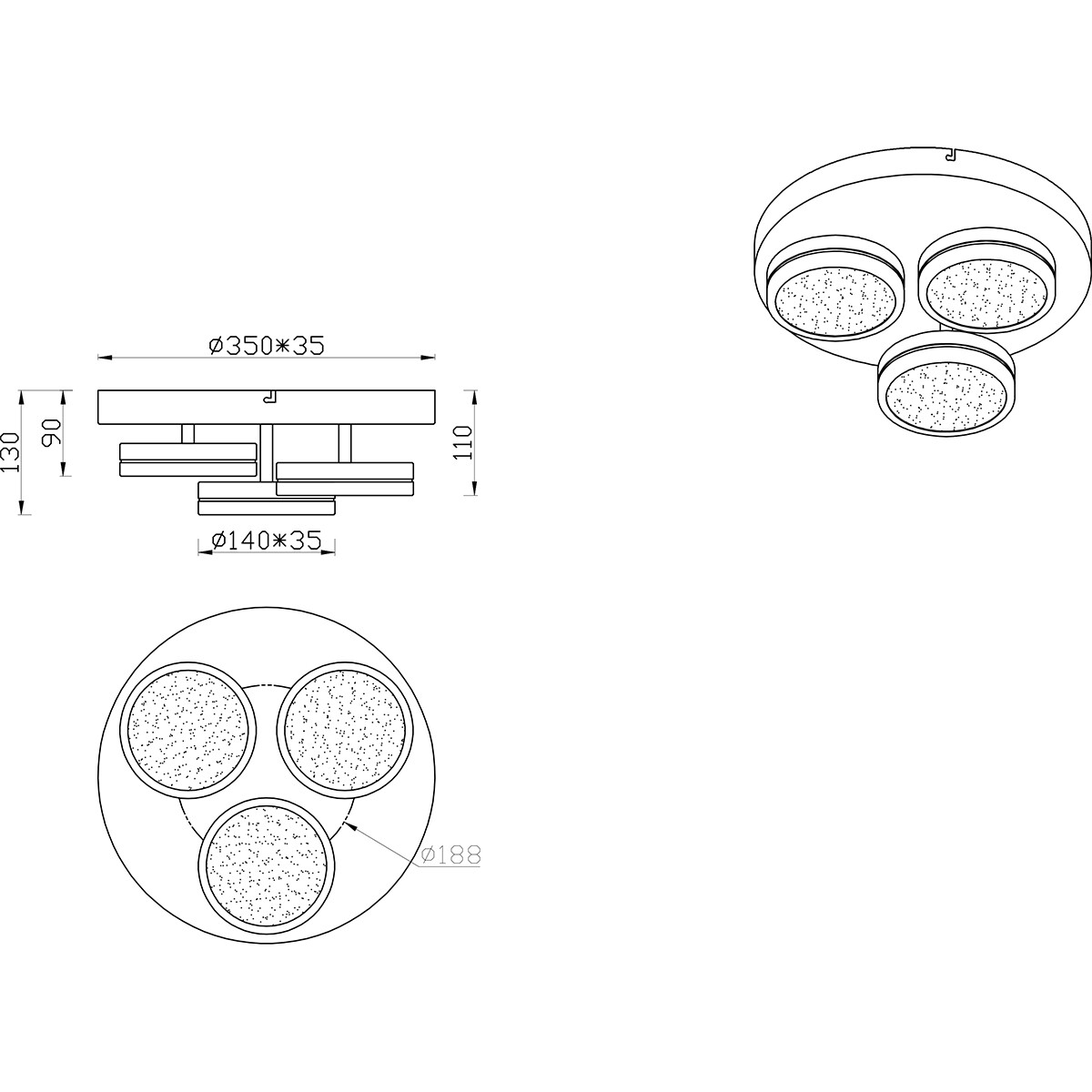 Plafonnier LED - Éclairage de Plafond - Trion Franco - 25.5W - Blanc Chaud 3000K - 3-lumières - Dimmable - Rond - Mat Or - Aluminium