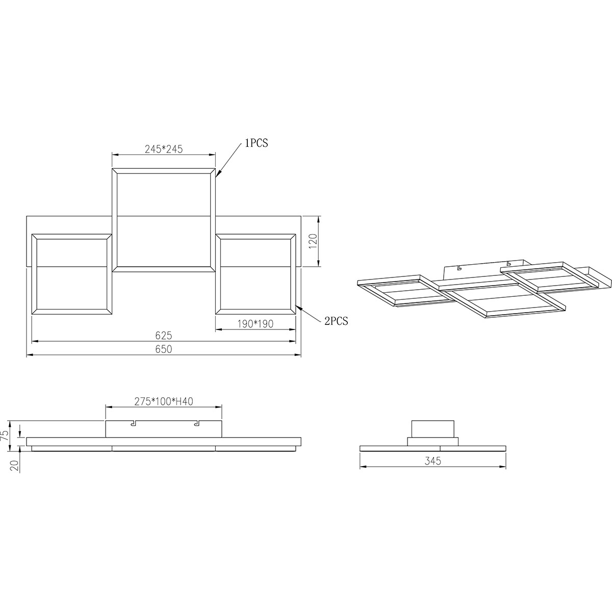 Plafonnier LED - Éclairage de Plafond - Trion Harla - 30W - Blanc Chaud 3000K - Dimmable - Rectangle - Mat Noir - Aluminium