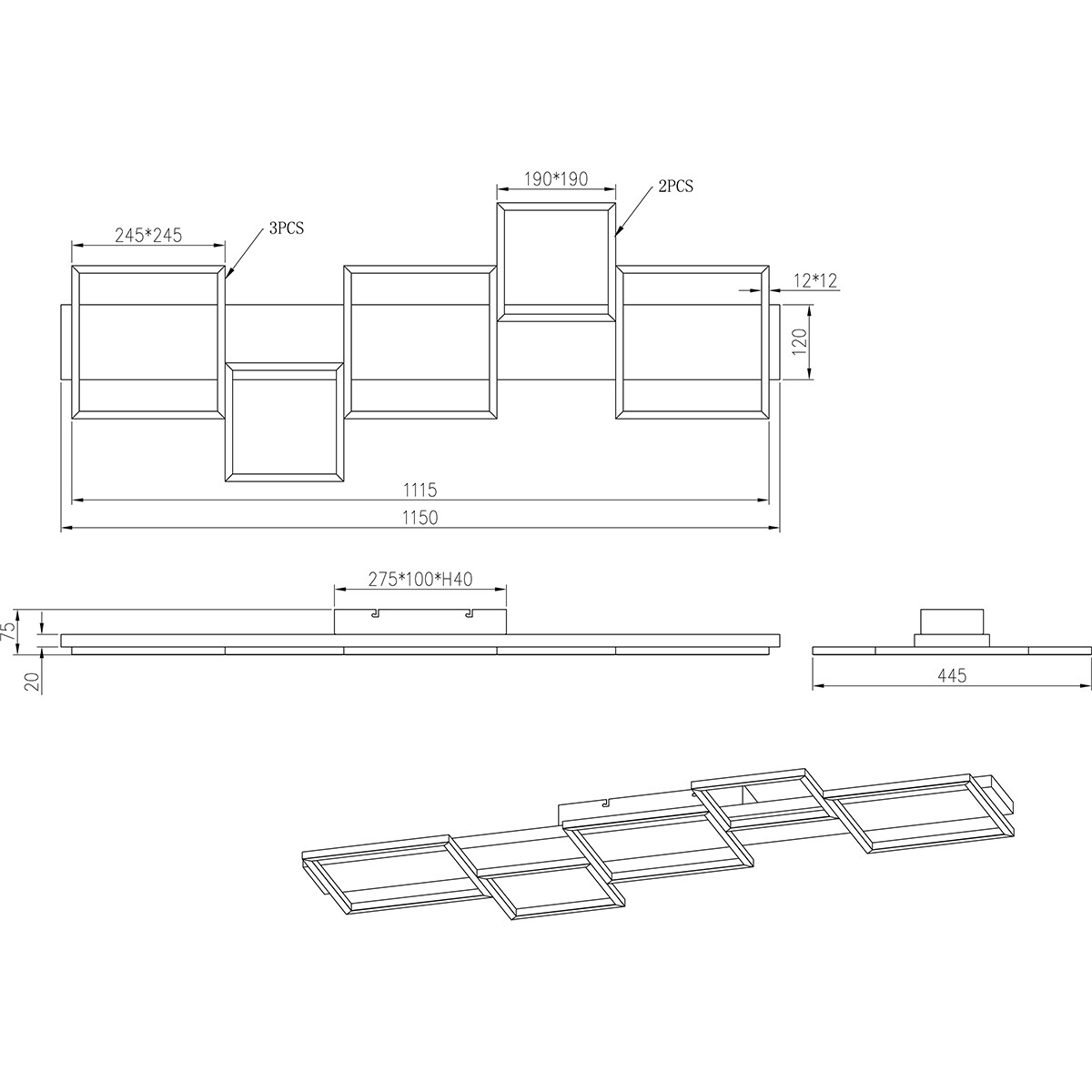 Plafonnier LED - Éclairage de Plafond - Trion Harla - 42W - Blanc Chaud 3000K - Dimmable - Rectangle - Mat Noir - Aluminium