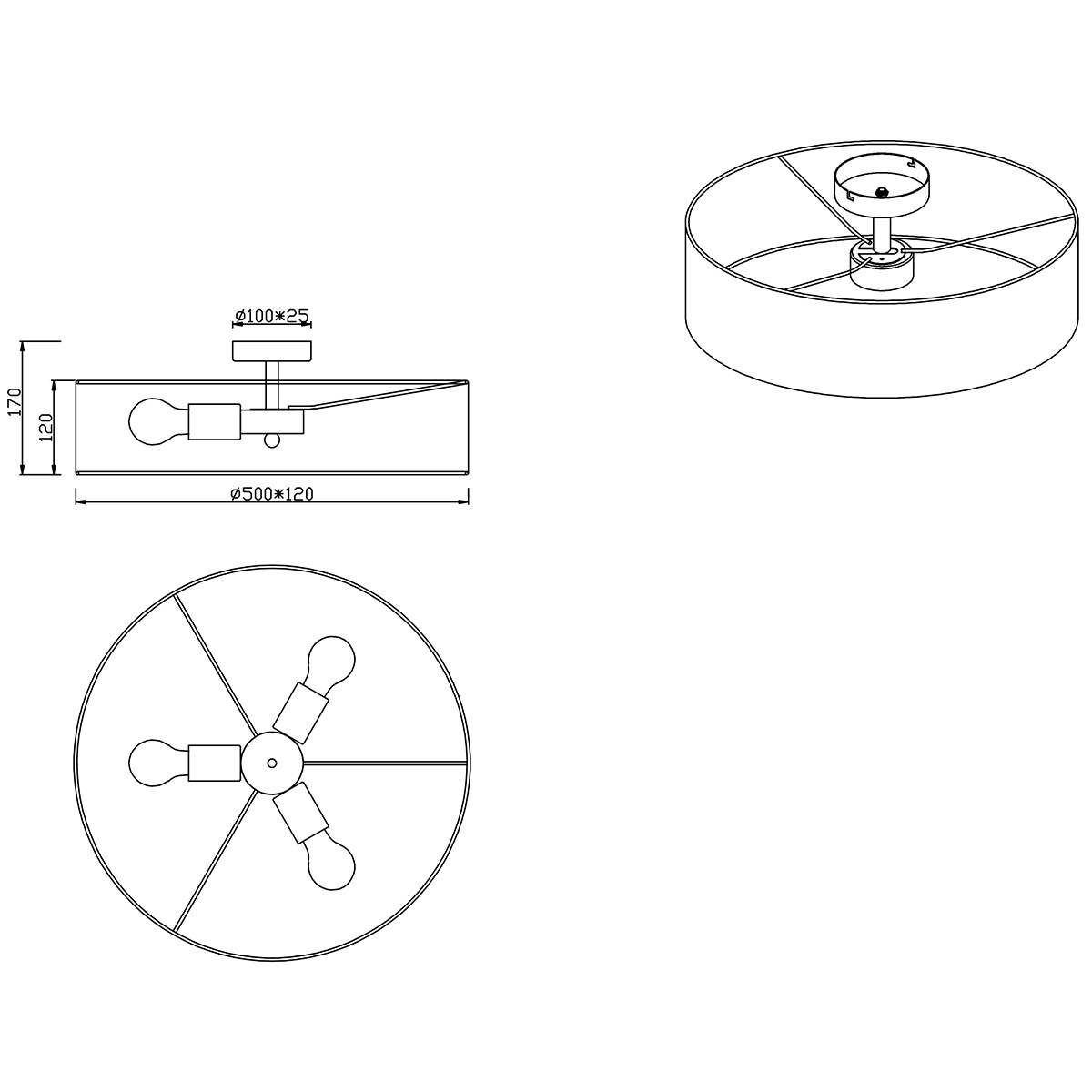 Plafonnier LED - Éclairage de Plafond - Trion Hotia - Douille E27 - 3-lumières - Rond - Mat Blanc - Aluminium