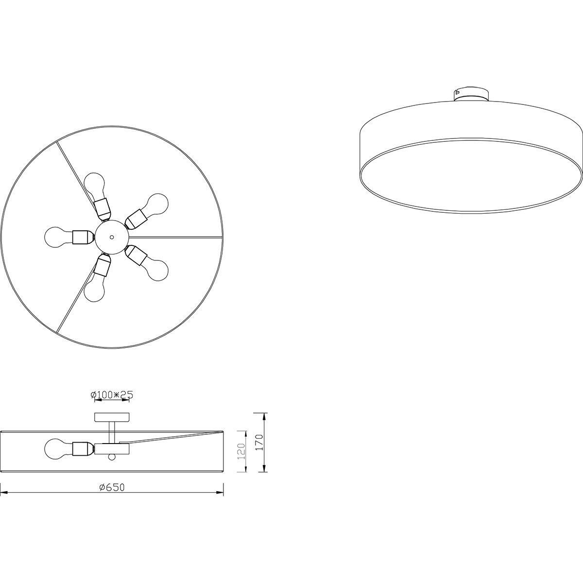 Plafonnier LED - Éclairage de Plafond - Trion Hotia - Douille E27 - 5-lumières - Rond - Mat Gris - Aluminium