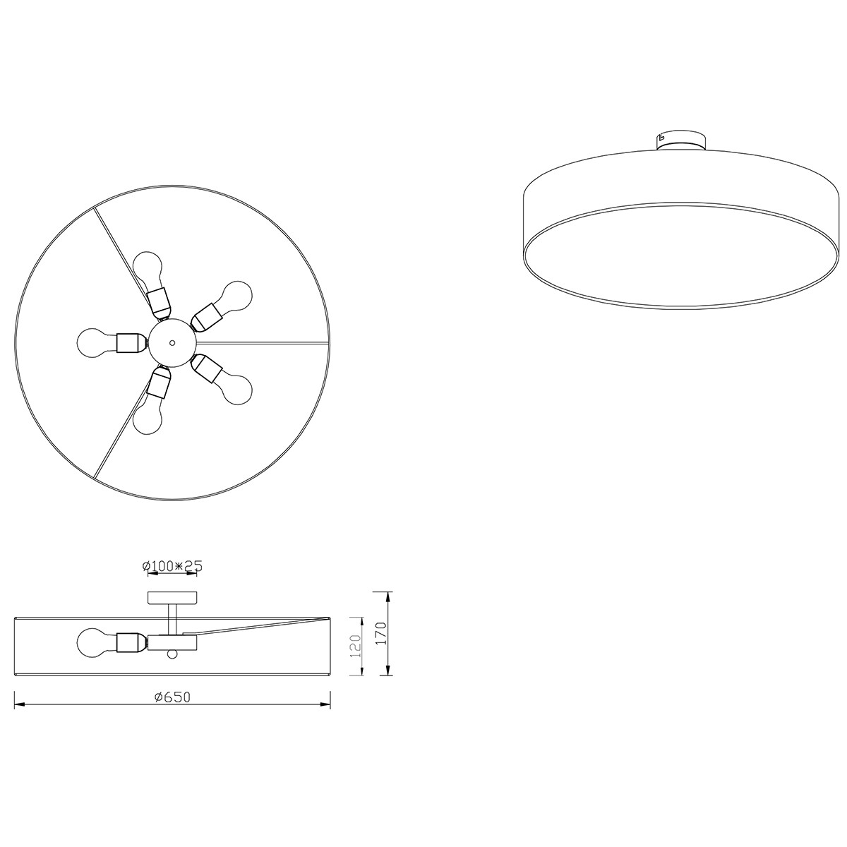 Plafonnier LED - Éclairage de Plafond - Trion Hotia - Douille E27 - 5-lumières - Rond - Mat Blanc - Aluminium