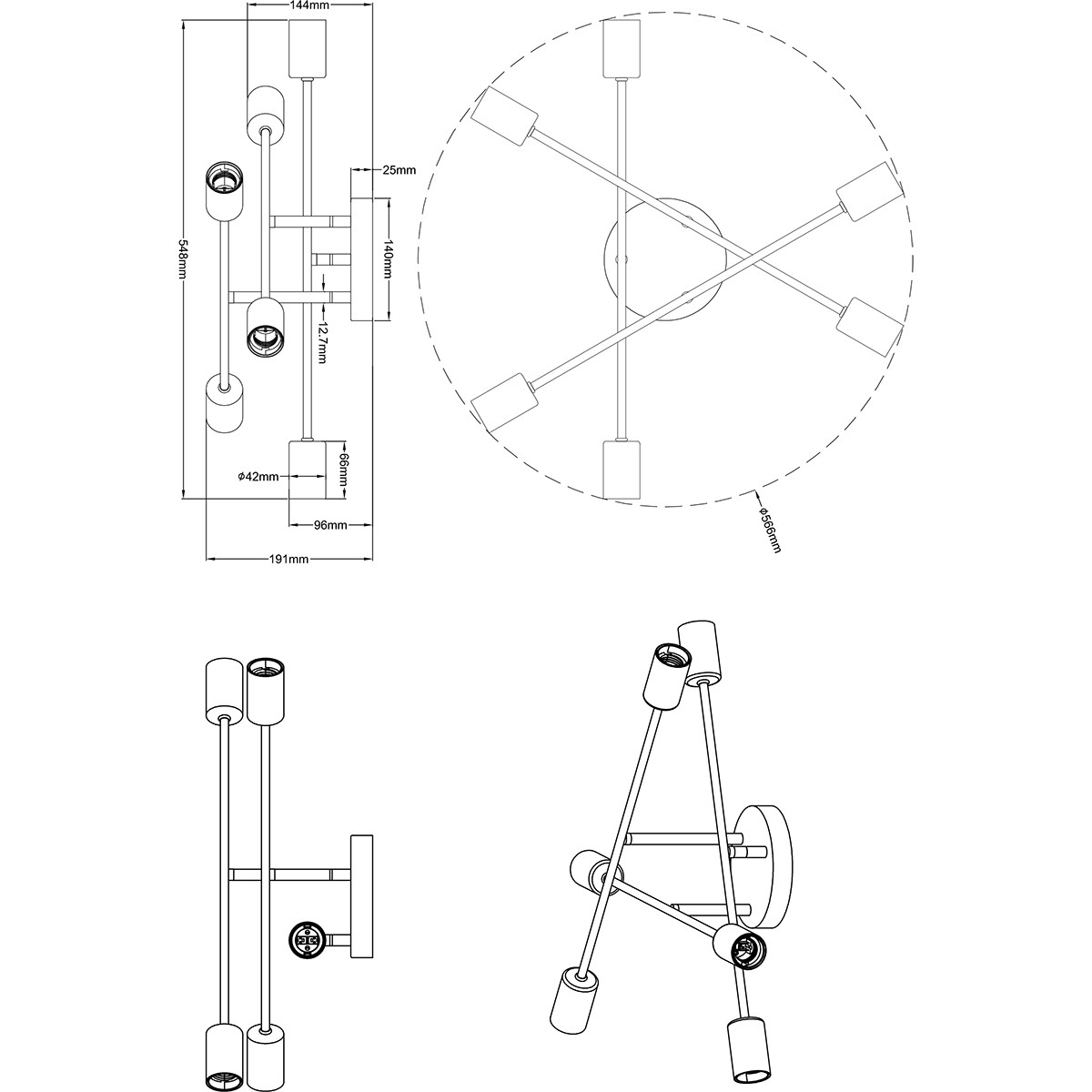 Plafonnier LED - Éclairage de Plafond - Trion Ross - Douille E27 - 6-lumières - Réglable - Rond - Mat Noir Aluminium