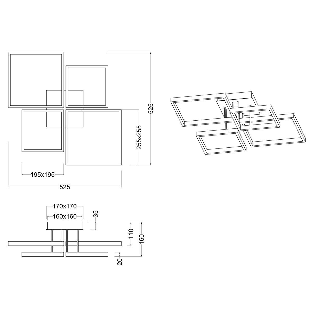 Plafonnier LED - Éclairage de Plafond - Trion Soranto - 24W - Blanc Chaud 3000K - Dimmable - Carré - Mat Noir - Aluminium