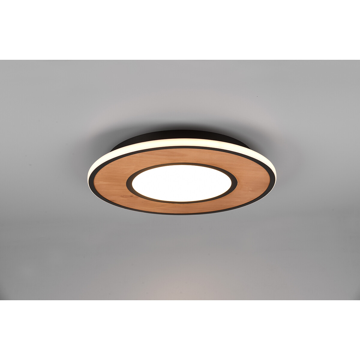 Plafonnier LED - Trion Dirkon - 37W - Blanc Chaud 3000K - Dimmable - Rond - Mat Noir/Brun - Bois