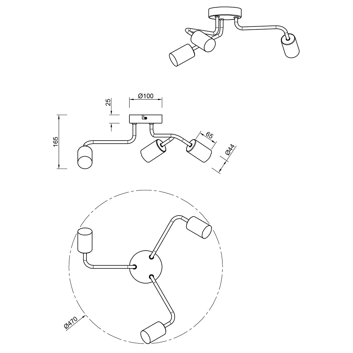 Plafonnier LED - Trion Dolla - Douille E27 - 3-lumières - Rond - Mat Noir - Aluminium