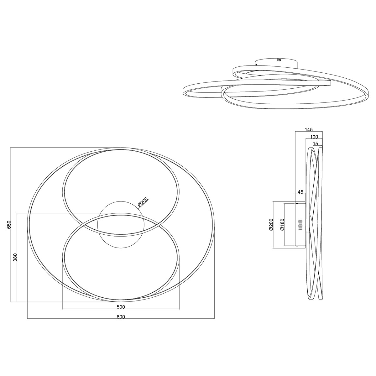 Plafonnier LED - Trion Gilo - 50W - Blanc Chaud 3000K - Dimmable - Rond - Mat Noir - Aluminium