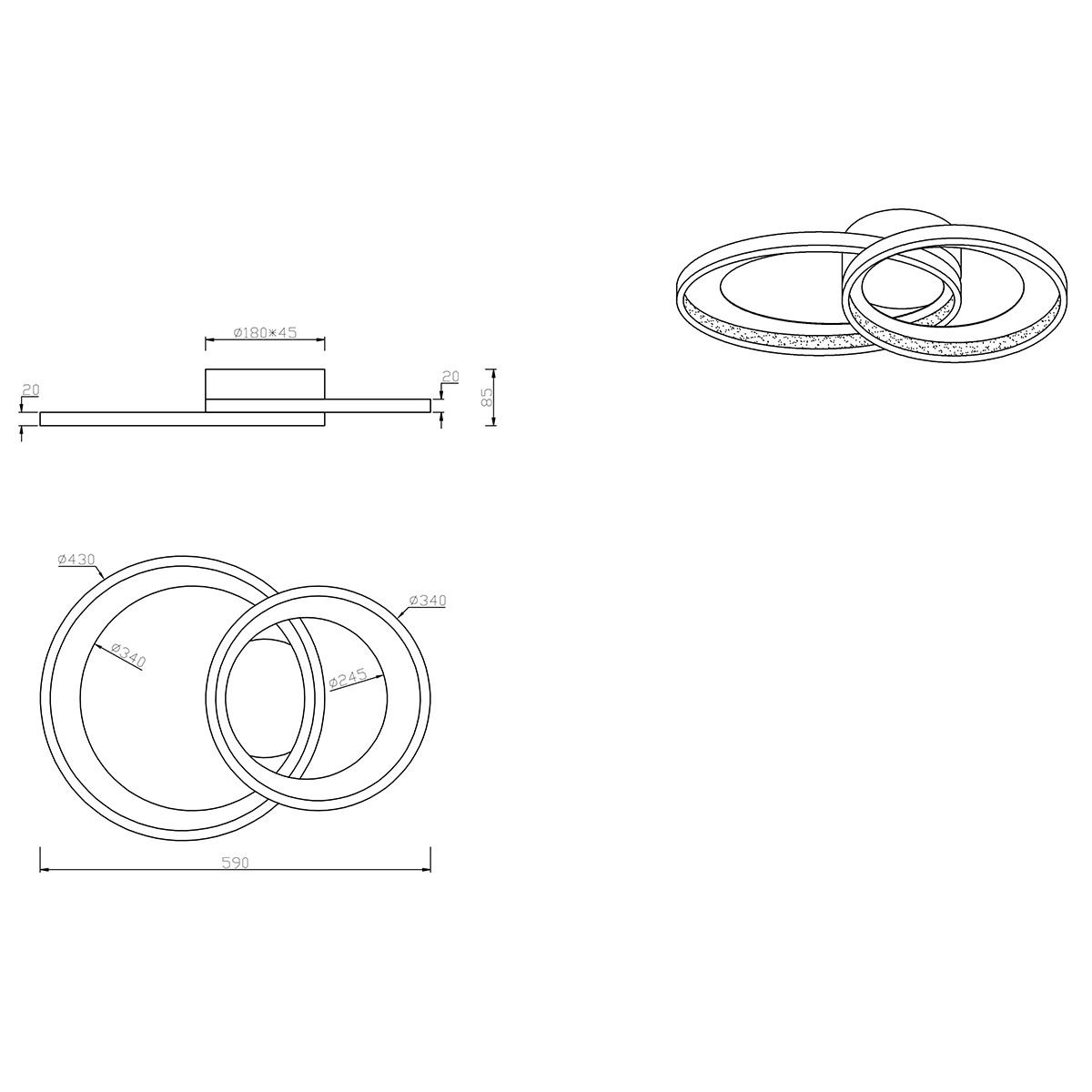 Plafonnier LED - Trion Granity - 29W - Blanc Chaud 3000K - Dimmable - Ovale - Mat Noir - Aluminium