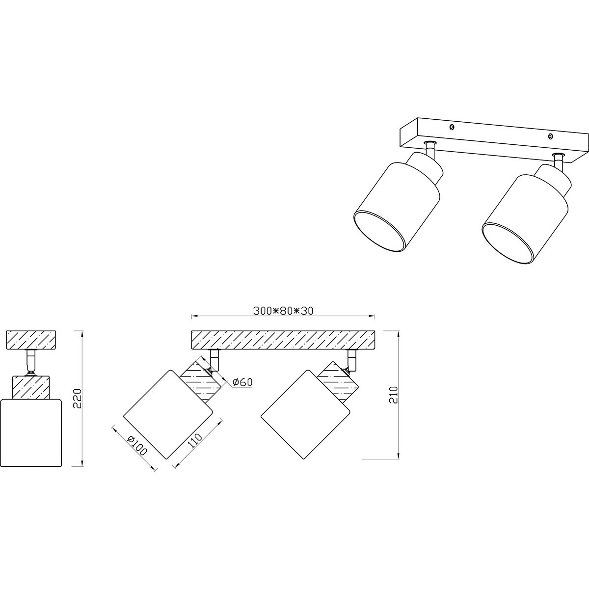 Spot de plafond LED - Éclairage de Plafond - Trion Asmara - Douille E14 - 2-lumières - Rectangle - Mat Brun - Bois