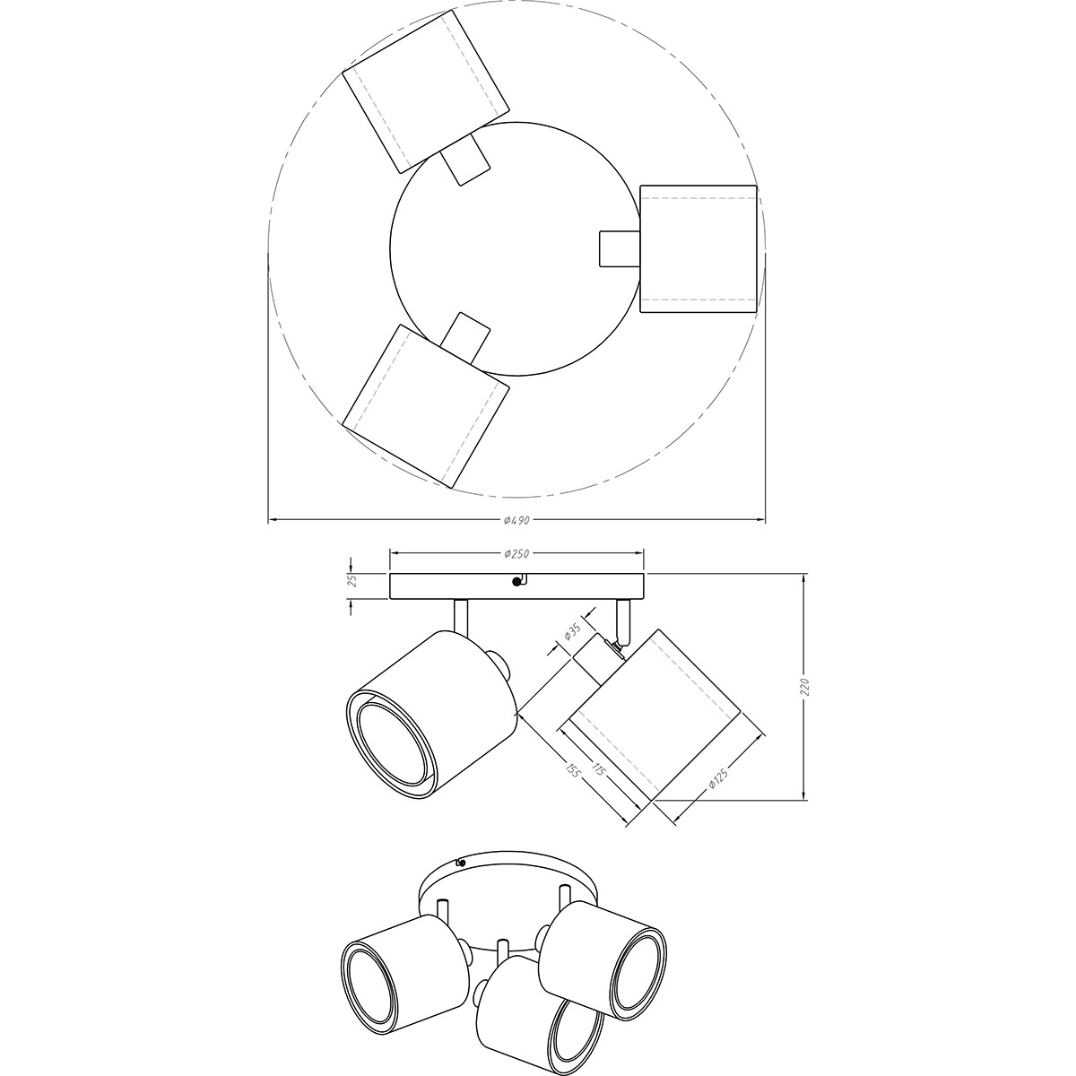 Spot de plafond LED - Éclairage de Plafond - Trion Bidon - Douille E14 - 3-lumières - Rond - Mat Noir - Aluminium