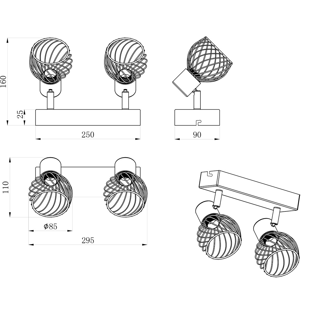 Spot de plafond LED - Éclairage de plafond - Trion Ordan - Douille E14 - 2 lumières - Noir/Or