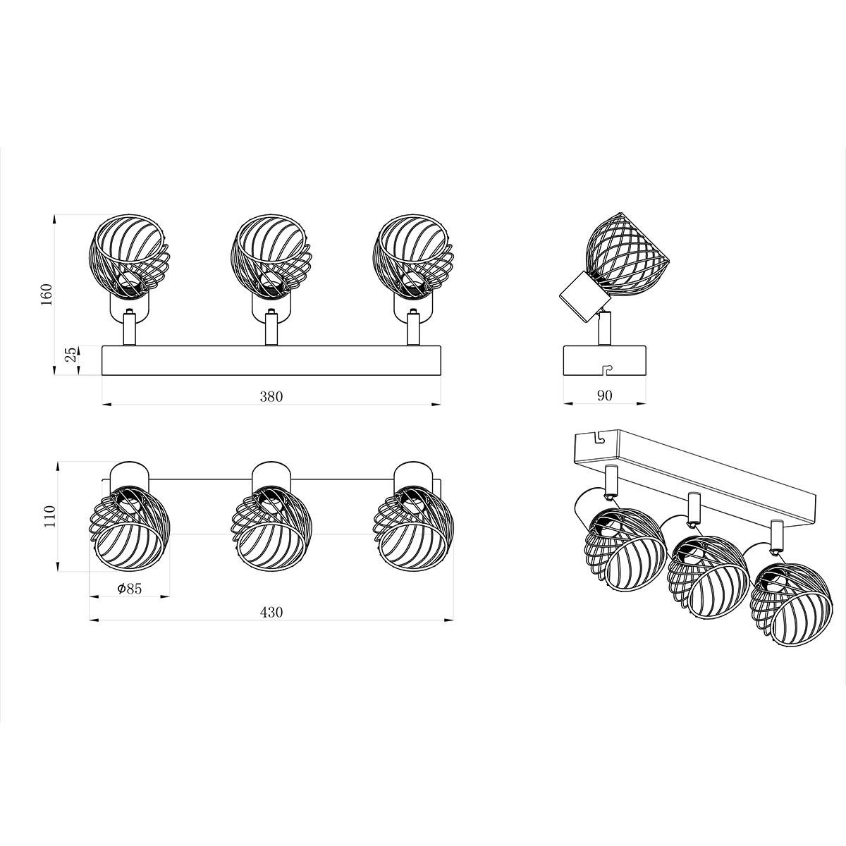 Spot de plafond LED - Éclairage de plafond - Trion Ordan - Douille E14 - 3 lumières - Noir/Or