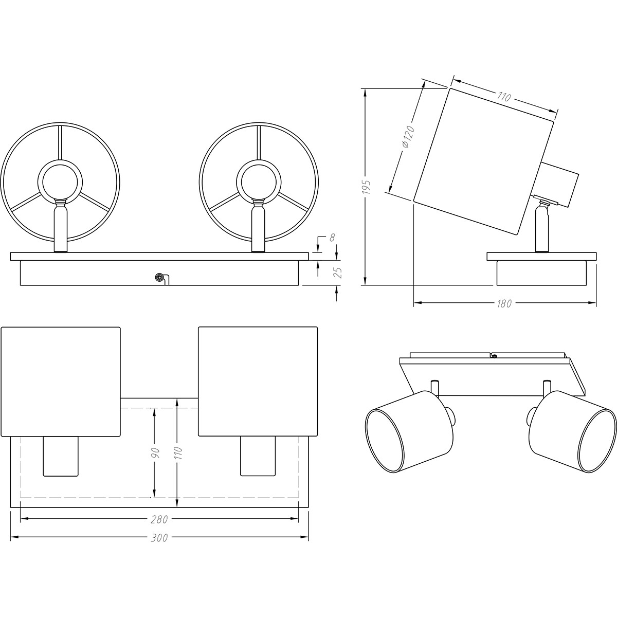 Spot de plafond LED - Éclairage de Plafond - Trion Torry - Douille E14 - 2-lumières - Rectangle - Mat Brun - Aluminium