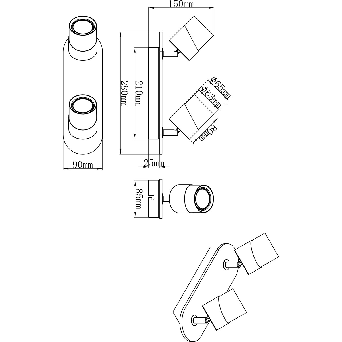 Spot LED de plafond - Trion Arnia - Douille GU10 - 2 lumières - Rond - Bois/Blanc - Bois naturel