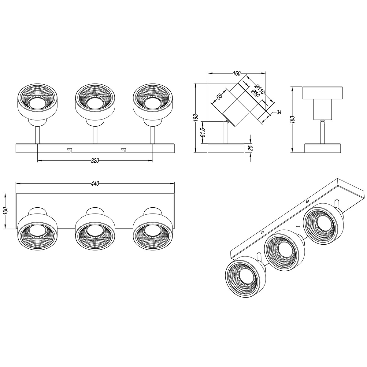 Spot de plafond LED - Trion Leonida - Douille GU10 - 3-lumières - Rectangle - Mat Nickel - Aluminium