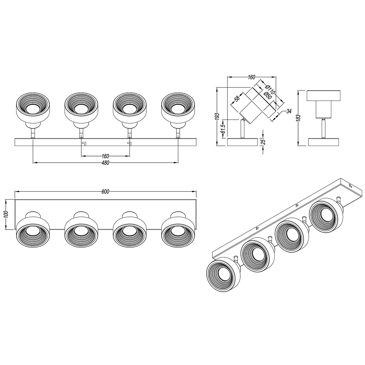 Spot de plafond LED - Trion Leonida - Douille GU10 - 4-lumières - Rectangle - Mat Nickel - Aluminium