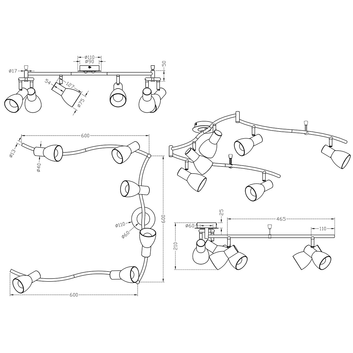 Spot de plafond LED - Trion Levino - Douille E14 - Blanc Chaud 3000K - 6-lumières - Rectangle - Mat Or - Aluminium