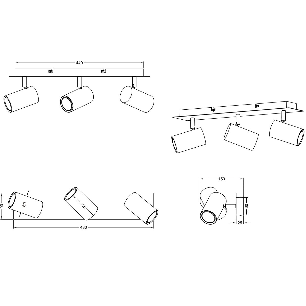 Spot de plafond LED - Trion Mary - Douille GU10 - 3-lumières - Rectangle - Mat Nickel - Aluminium