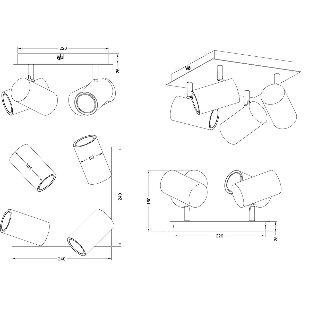 Spot de plafond LED - Trion Mary - Douille GU10 - 4-lumières - Carré - Mat Nickel - Aluminium