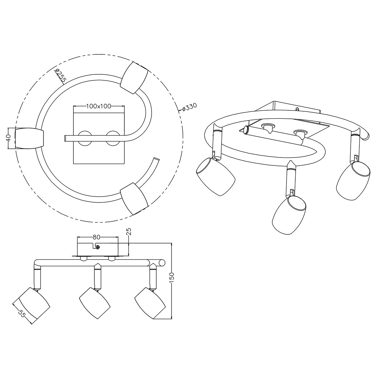 Spot de plafond LED - Trion Micko - Douille GU10 - 3-lumières - Rond - Mat Nickel - Aluminium