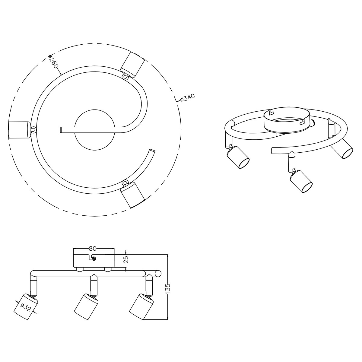 Spot de plafond LED - Trion Pamo - Douille GU10 - 3-lumières - Rond - Mat Titane - Aluminium