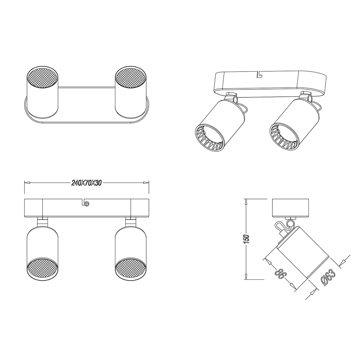 Spot de plafond LED - Trion Pirlo - Douille GU10 - 2-lumières - Rectangle - Mat Noir - Aluminium