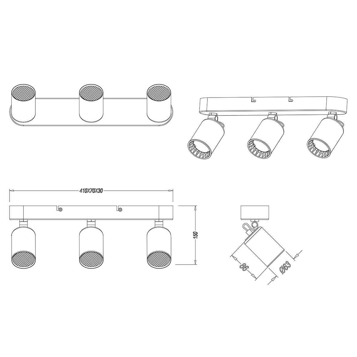 Spot de plafond LED - Trion Pirlo - Douille GU10 - 3-lumières - Rectangle - Mat Noir - Aluminium