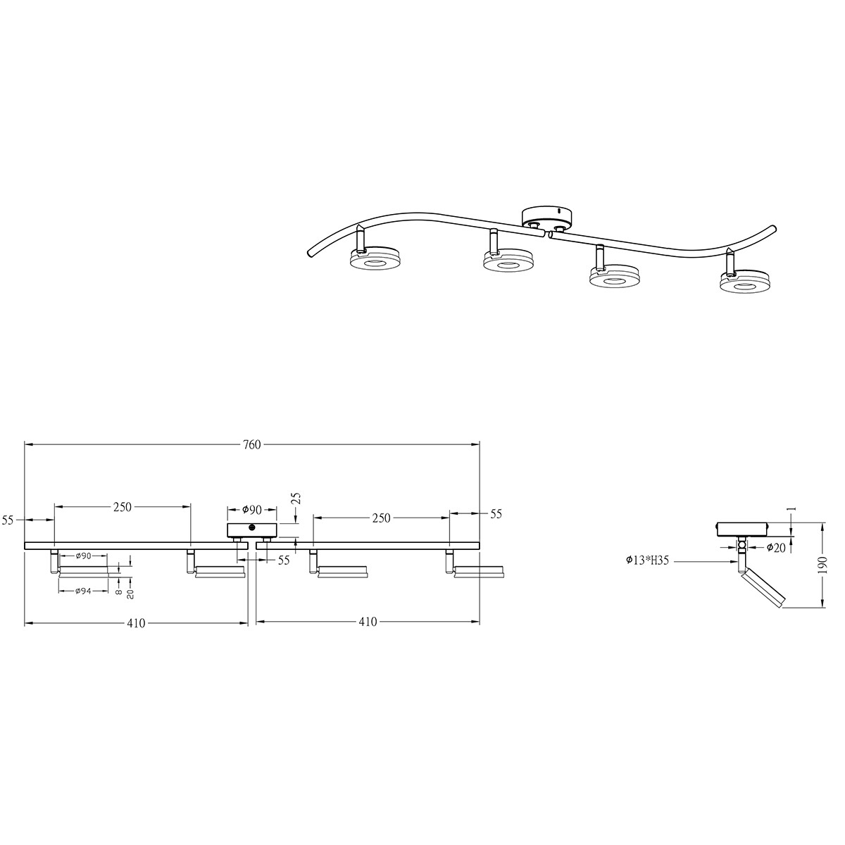 Spot de plafond LED - Trion Renny - 16W - Blanc Chaud 3000K - 4-lumières - Rectangle - Chrome Brillant - Aluminium