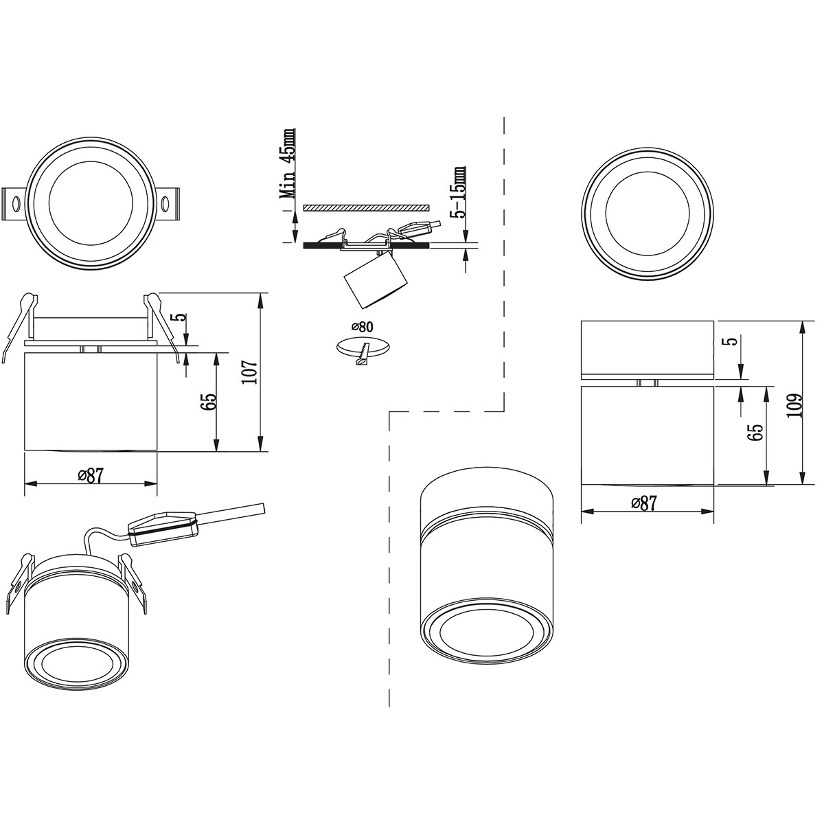 Spot de plafond LED - Trion Tarus - 4W - Blanc Chaud 3000K - 1-lumière - Rond - Mat Noir - Aluminium