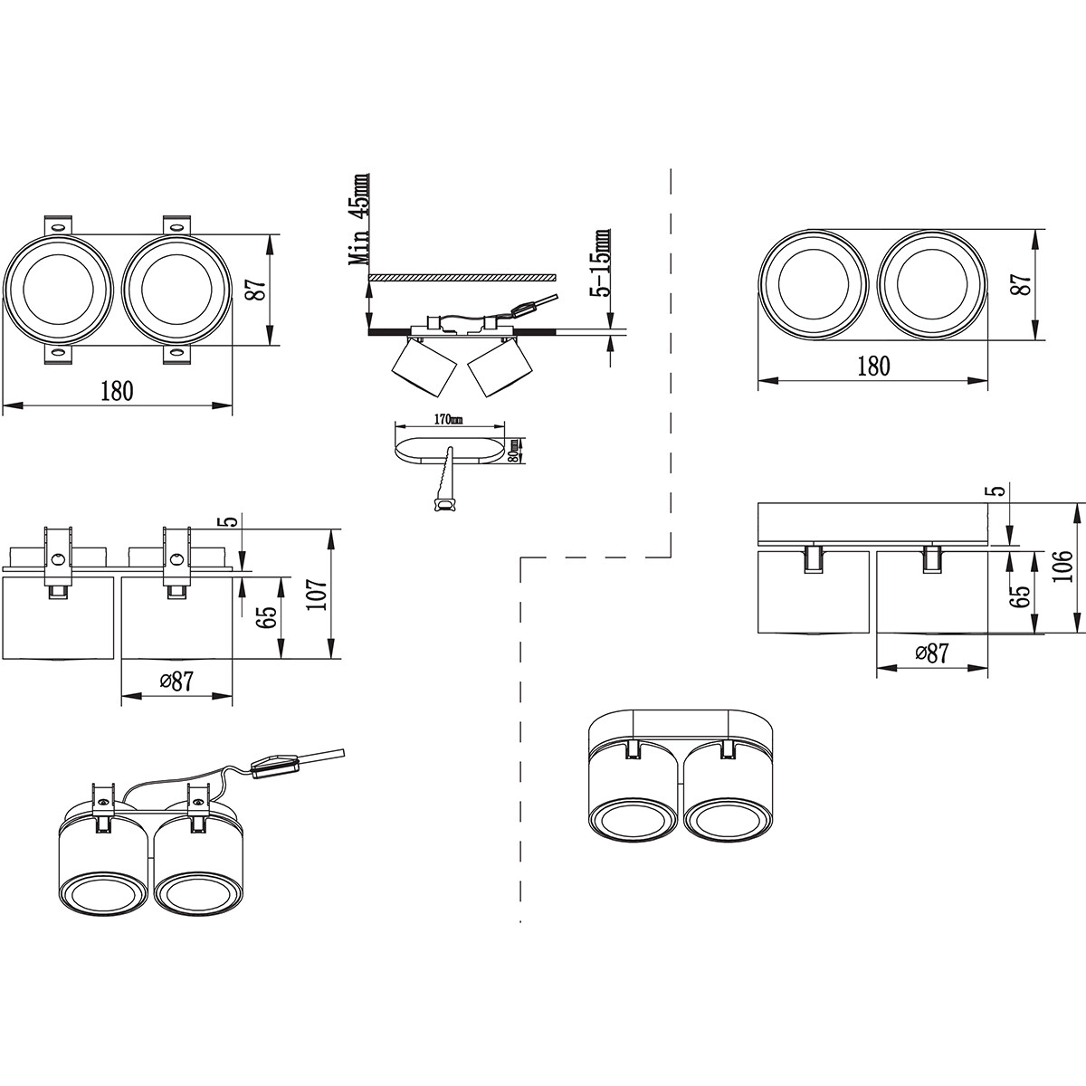 Spot de plafond LED - Trion Tarus - 8W - Blanc Chaud 3000K - 2-lumières - Rond - Mat Blanc - Aluminium