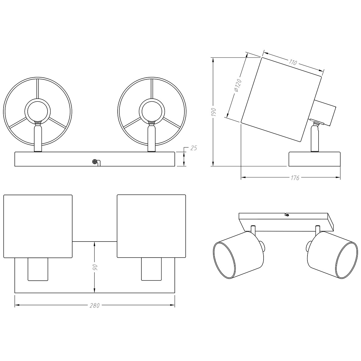 Spot de plafond LED - Éclairage de Plafond - Trion Torry - Douille E14 - 2-lumières - Rectangle - Mat Nickel - Aluminium