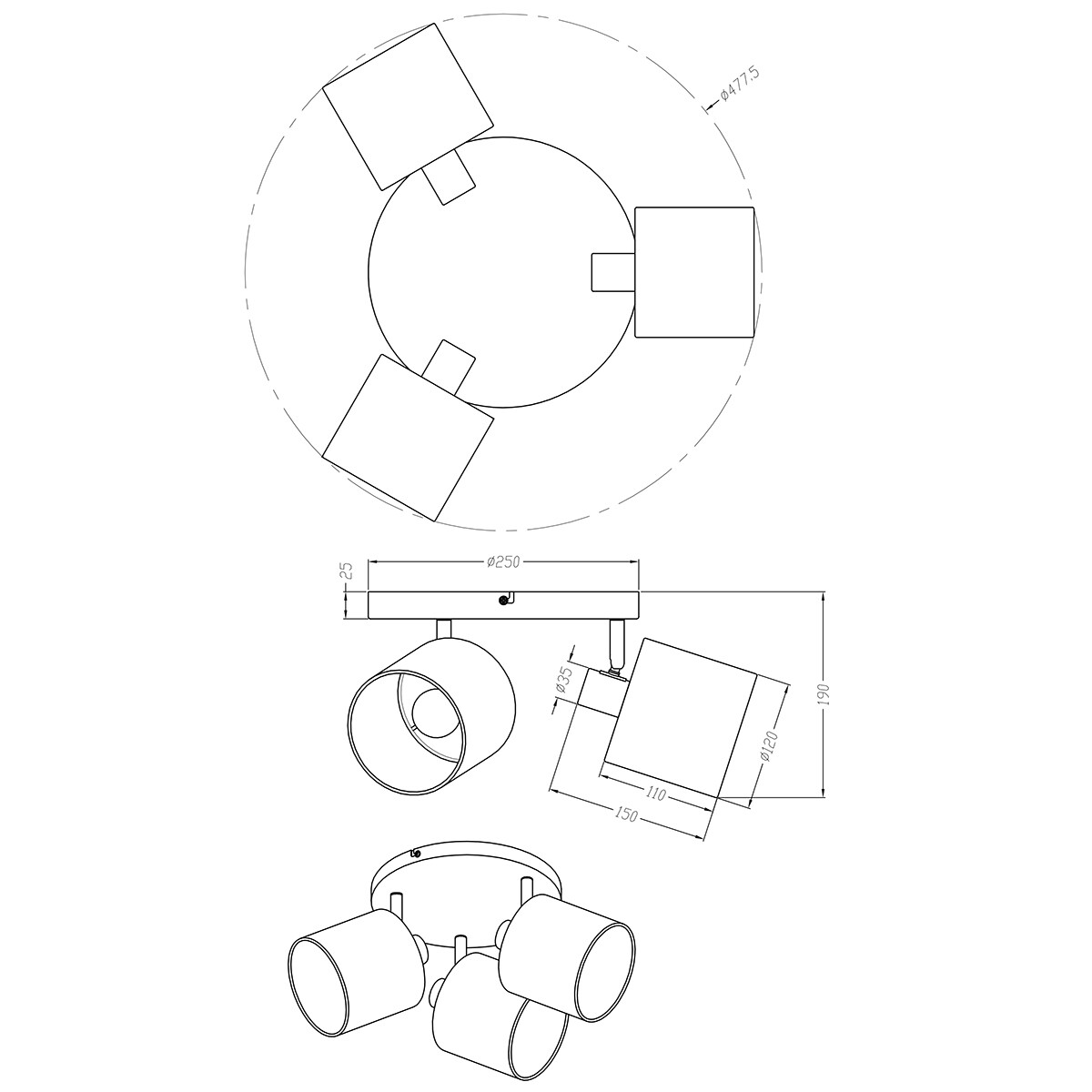 Spot de plafond LED - Éclairage de Plafond - Trion Torry - Douille E14 - 3-lumières - Rond - Mat Nickel - Aluminium