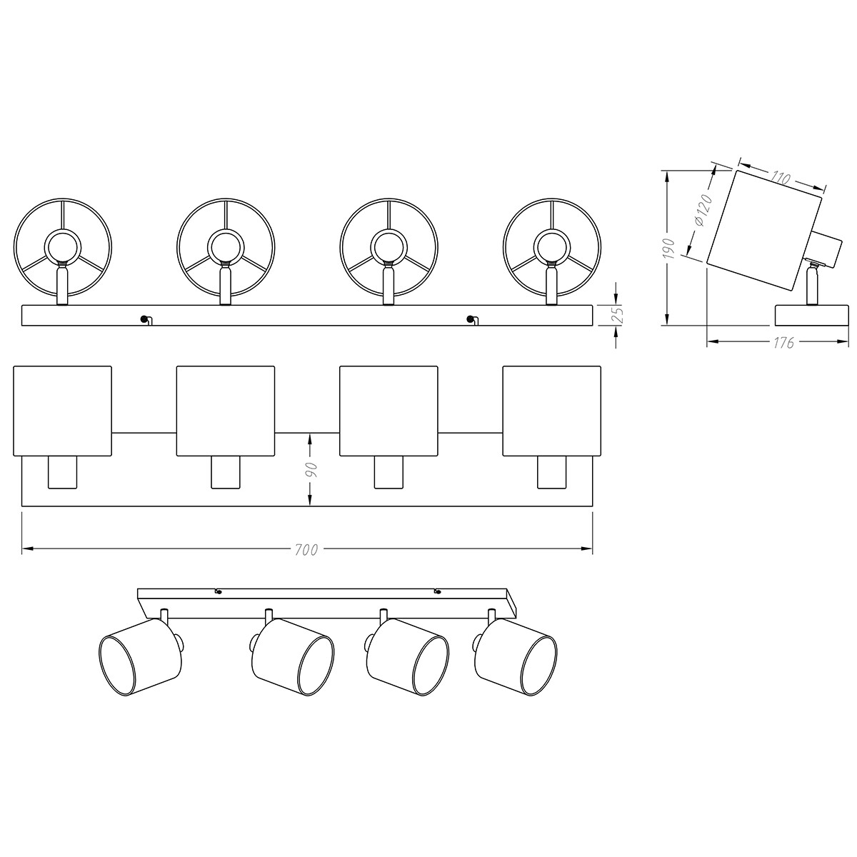 Spot de plafond LED - Éclairage de Plafond - Trion Torry - Douille E14 - 4-lumières - Rectangle - Mat Nickel - Aluminium