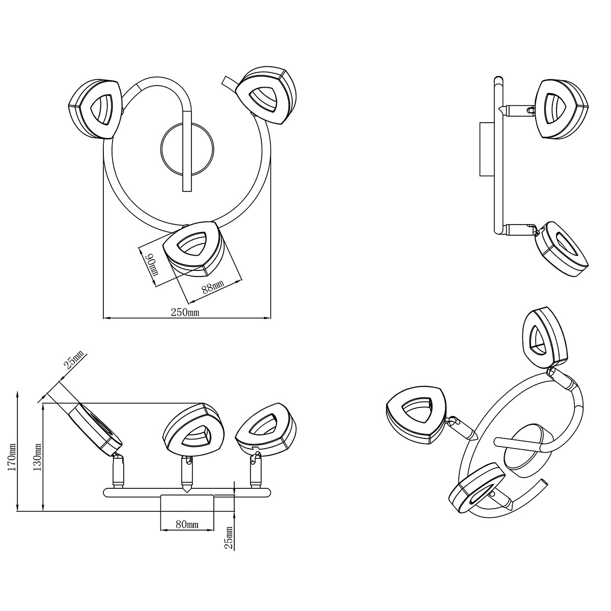 Spot de plafond LED - Trion Turon - 12W - Blanc Chaud 3000K - 3-lumières - Rond - Mat Chrome - Aluminium