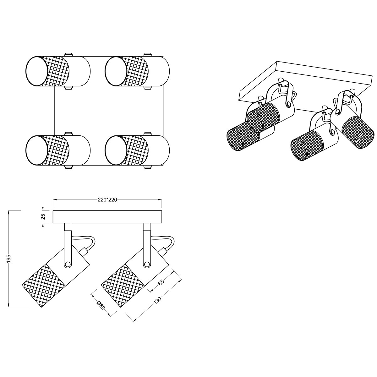 Spot de plafond LED - Trion Yosh - Douille E14 - 4-lumières - Carré - Mat Noir - Aluminium